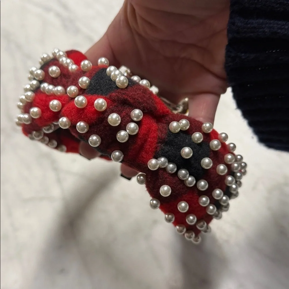 Lele Sadoughi NWOT Flannel Red Black Buffalo Check Headband with Pearl Accent
